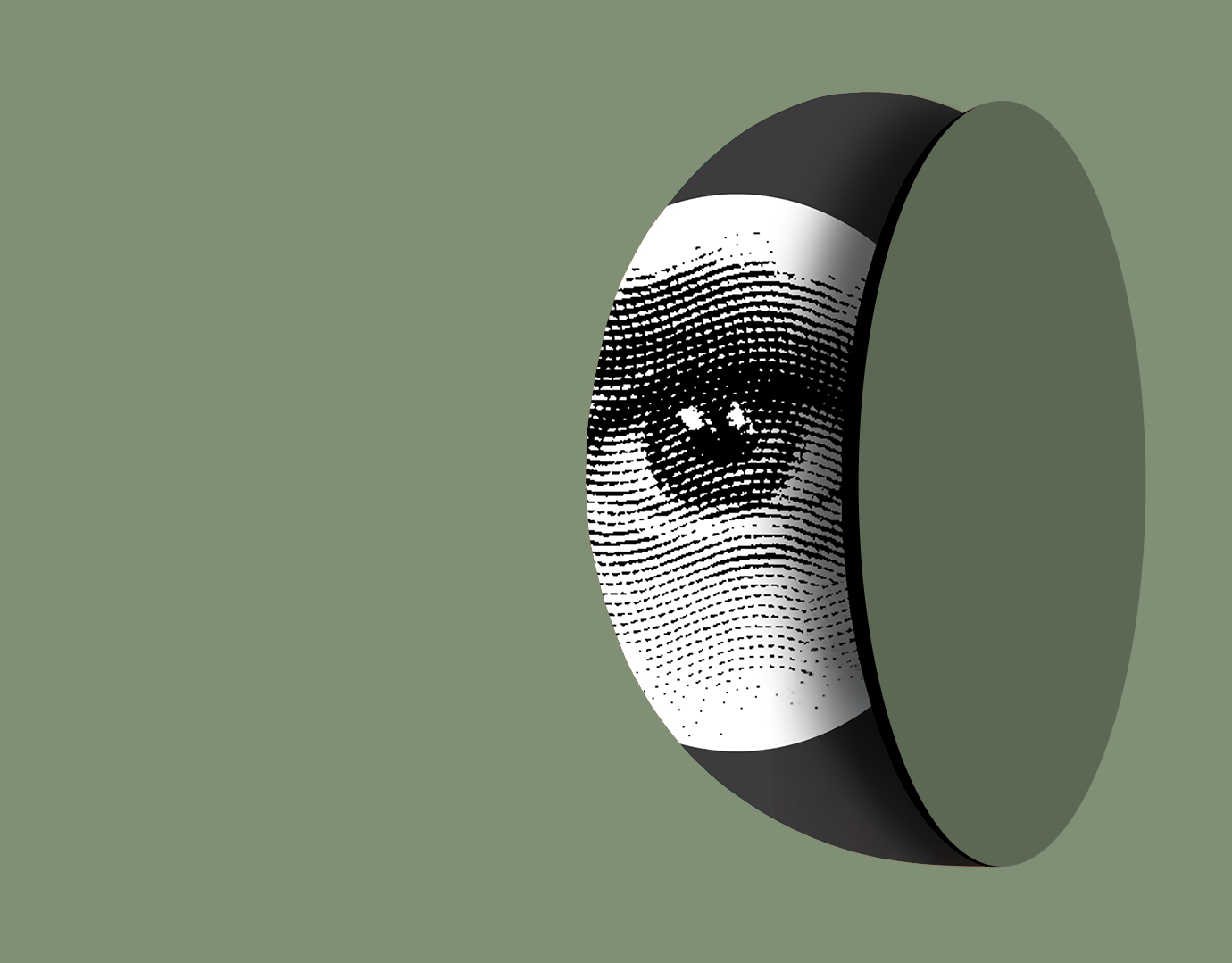 Abstract eye design in dotted halftone texture wrapped around a 3D curved panel, sage green backdrop